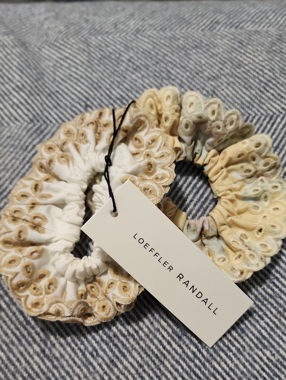 Loeffler Randall Neutral Eyelet Cotton Scrunchie Duo